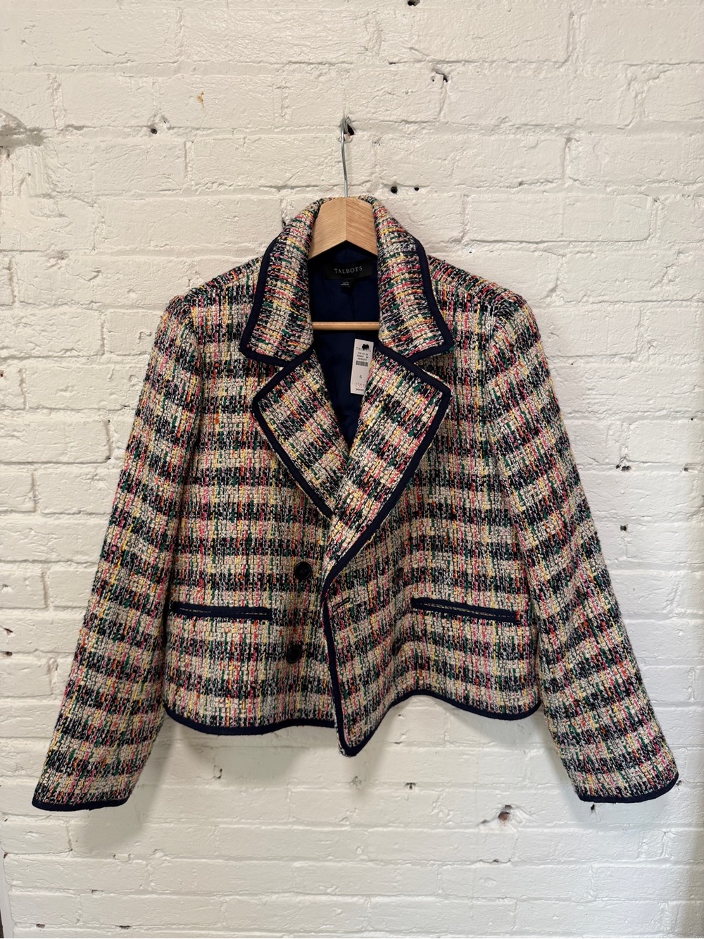 Talbots Multicolor Tweed Cropped Blazer with Navy Trim